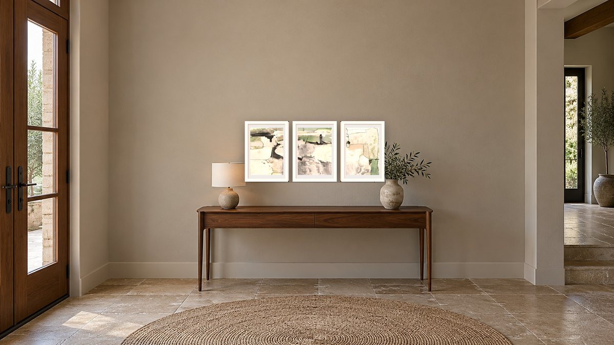 Triptych — Green Set 1 × Green Set 2 × Green Set 3, shown at 14 × 21 in (35.6 × 53.3 cm) in Arber Light Walnut, hallway