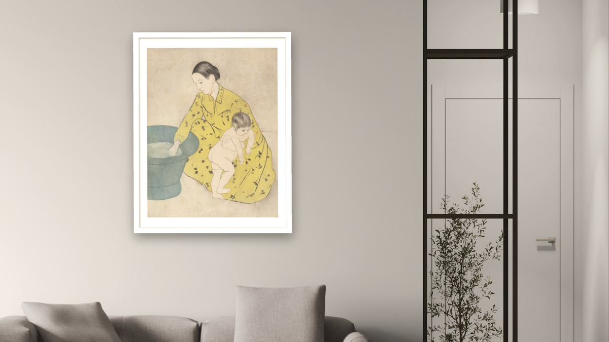 The Bath by Mary Cassatt, shown at 30 × 40 in (76.2 × 101.6 cm) in Arber Light Walnut, living