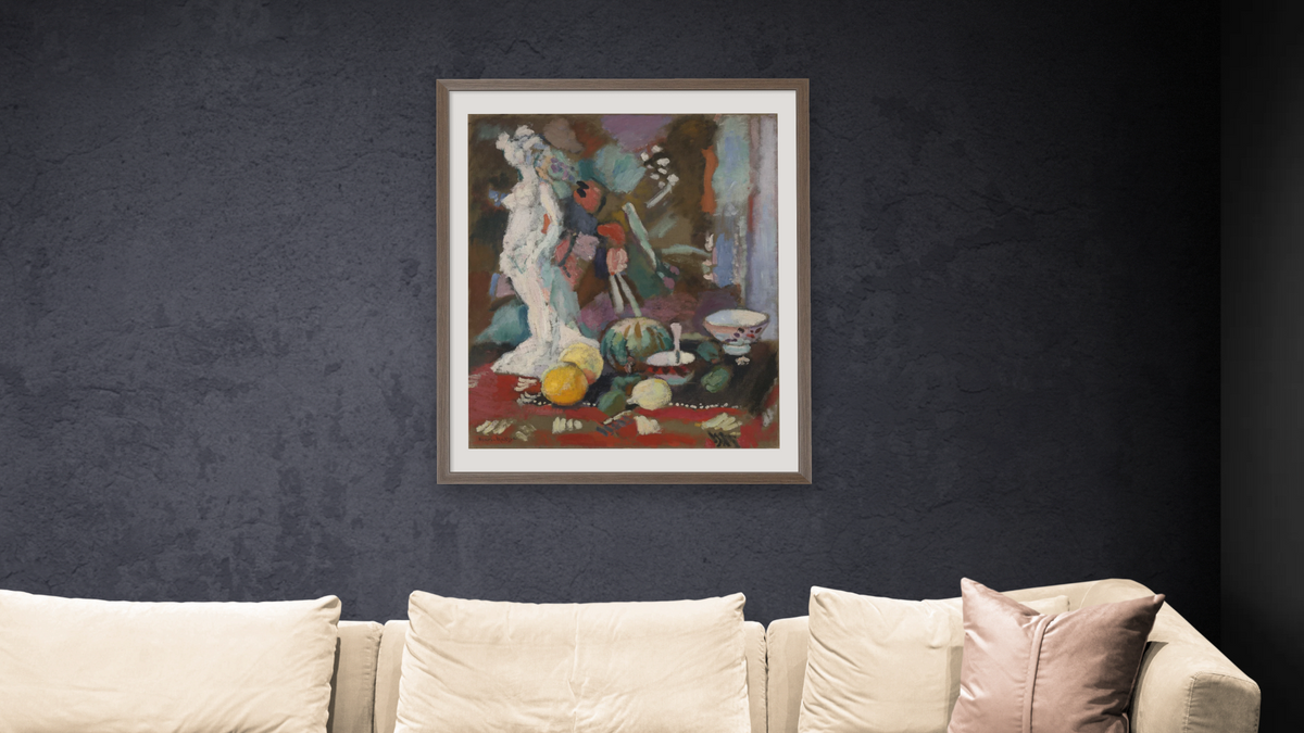Nature morte à la statuette (Still Life with Plaster Figure) by Henri Matisse, shown at 32 × 40 in (81.3 × 101.6 cm) in Arber Light Walnut, living