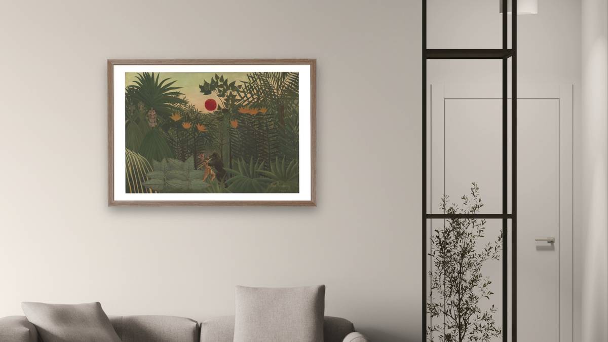 Tropical Landscape - An American Indian Struggling with a Gorilla by Henri Rousseau, shown at 28 × 42 in (71.1 × 106.7 cm) in Arber Light Walnut, living