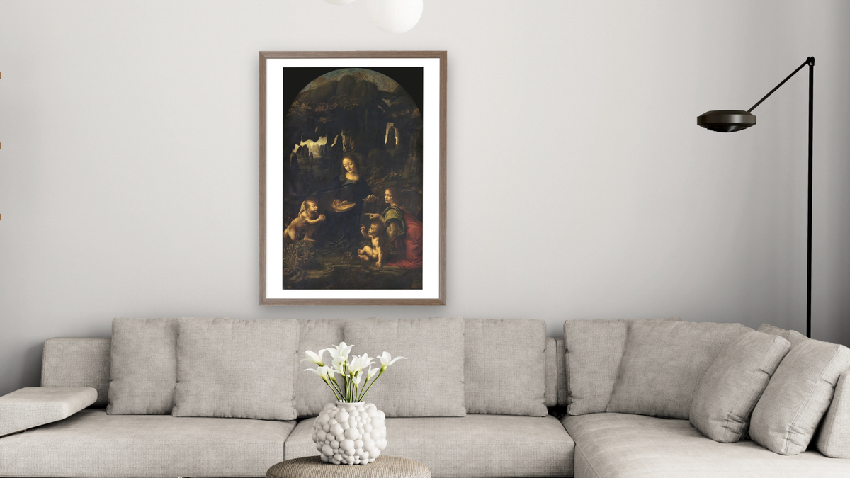 Madonna of the Rocks by Leonardo da Vinci, shown at 28 × 42 in (71.1 × 106.7 cm) in Arber Light Walnut, living