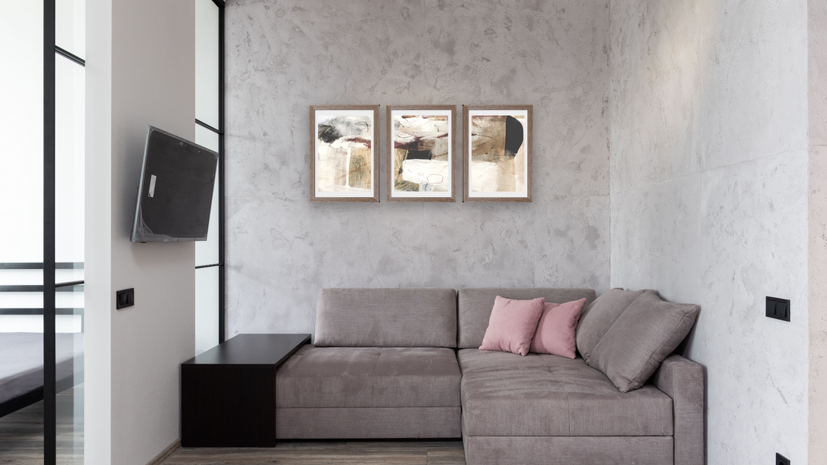 Triptych — Go Set 1 × Go Set 2 × Go Set 3, shown at 14 × 21 in (35.6 × 53.3 cm) in Arber Light Walnut, media room