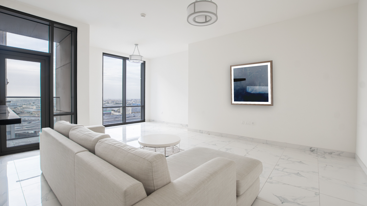 Blues 1 by Dan Hobday, shown at 32 × 32 in (81.3 × 81.3 cm) in Arber Light Walnut, living