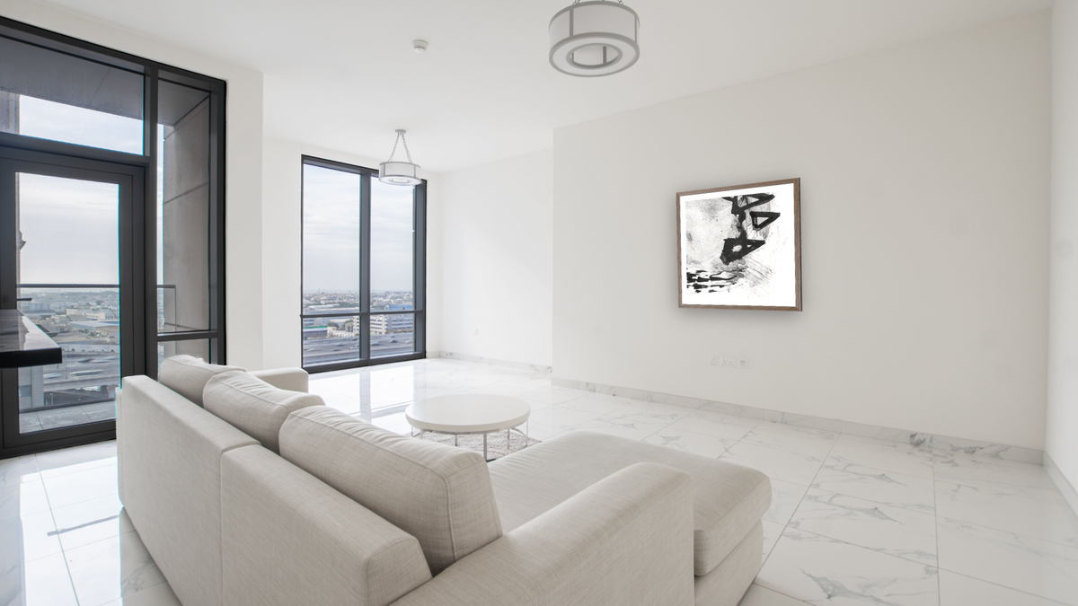 Black White Set 6 by Dan Hobday, shown at 32 × 32 in (81.3 × 81.3 cm) in Arber Light Walnut, living
