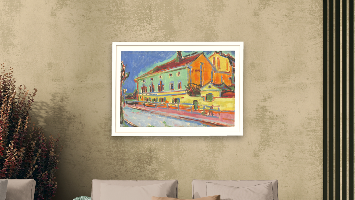 Dance Hall Bellevue (previously known as Houses in Dresden) by Ernst Ludwig Kirchner, shown at 28 × 42 in (71.1 × 106.7 cm) in Arber Light Walnut, living