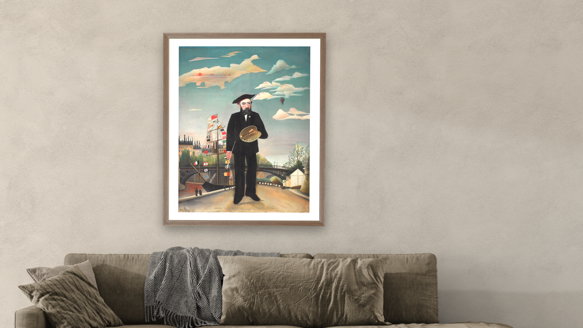 Myself: Portrait - Landscape by Henri Rousseau, shown at 32 × 40 in (81.3 × 101.6 cm) in Arber Light Walnut, living