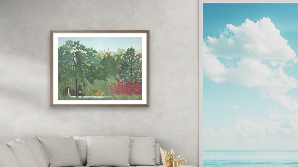 The Waterfall by Henri Rousseau, shown at 30 × 40 in (76.2 × 101.6 cm) in Arber Light Walnut, living