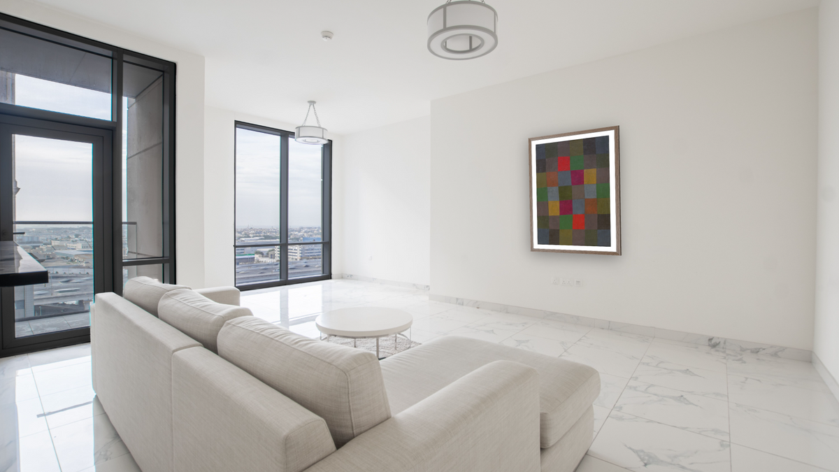 New Harmony (Neue Harmonie) by Paul Klee, shown at 30 × 42 in (76.2 × 106.7 cm) in Arber Light Walnut, living