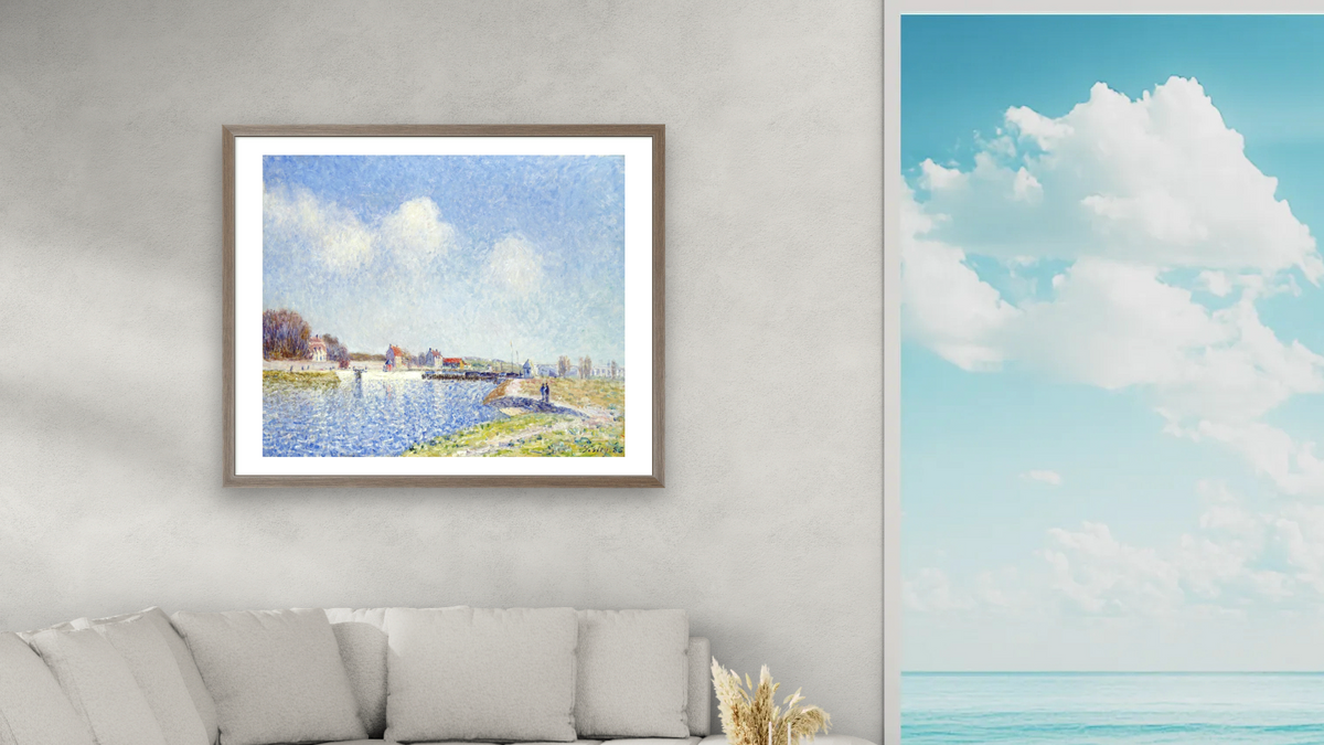 Le Barrage De Saint-Mammes by Alfred Sisley, shown at 32 × 40 in (81.3 × 101.6 cm) in Arber Light Walnut, living