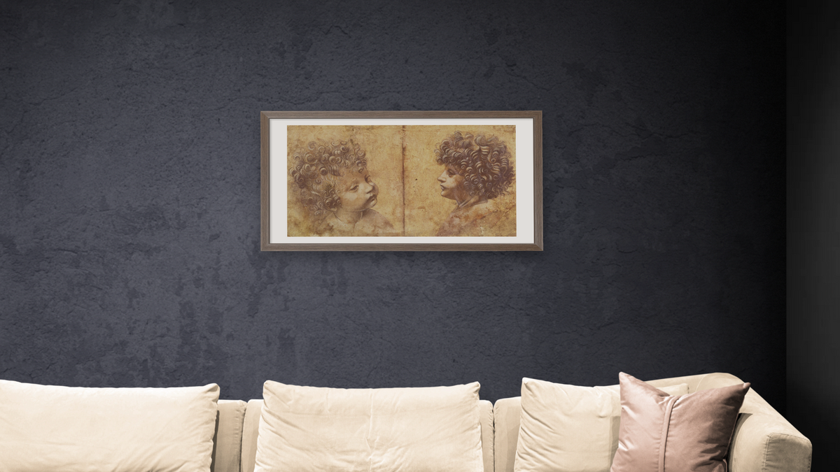 Two Studies of a Child's Head by Leonardo da Vinci, shown at 20 × 40 in (50.8 × 101.6 cm) in Arber Light Walnut, living