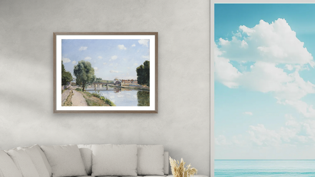 The Railroad Bridge, Pontoise by Camille Pissarro, shown at 30 × 40 in (76.2 × 101.6 cm) in Arber Light Walnut, living