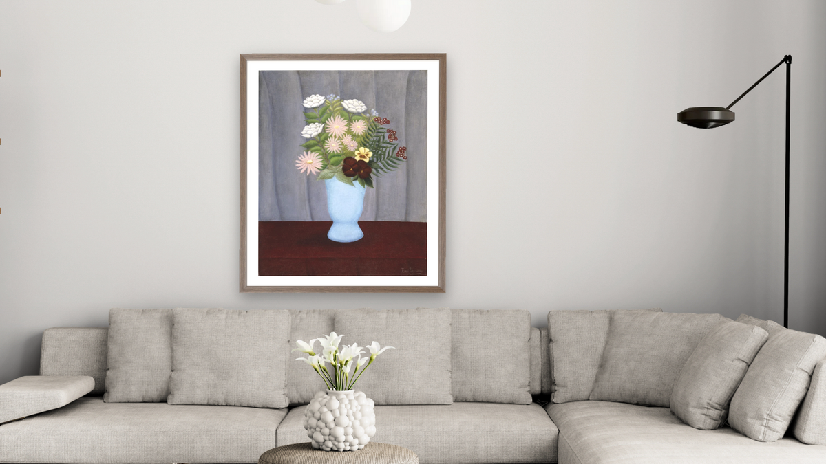Garden Flowers by Henri Rousseau, shown at 32 × 40 in (81.3 × 101.6 cm) in Arber Light Walnut, living