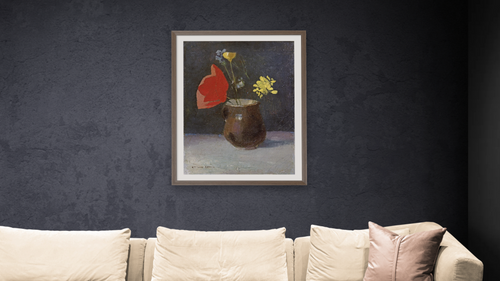 A Pitcher of Flowers by Odilon Redon, shown at 30 × 40 in (76.2 × 101.6 cm) in Arber Light Walnut, living [arteriel-render:v6:room_b:30x40@48,38]