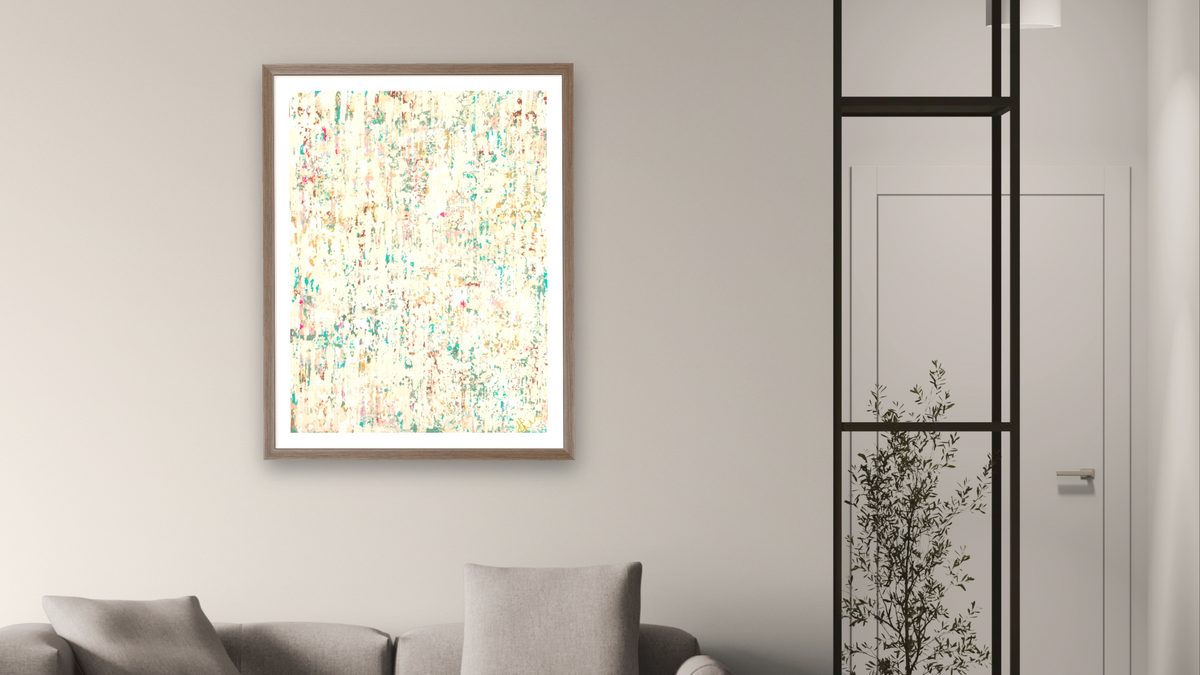Early Snow in The Garden by Emily Herrera, shown at 30 × 40 in (76.2 × 101.6 cm) in Arber Light Walnut, living