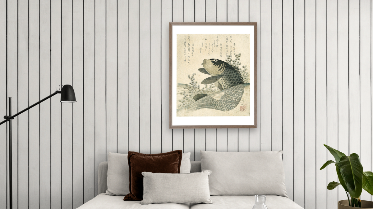 Carp Among Pond Plants, shown at 32 × 40 in (81.3 × 101.6 cm) in Arber Light Walnut, living