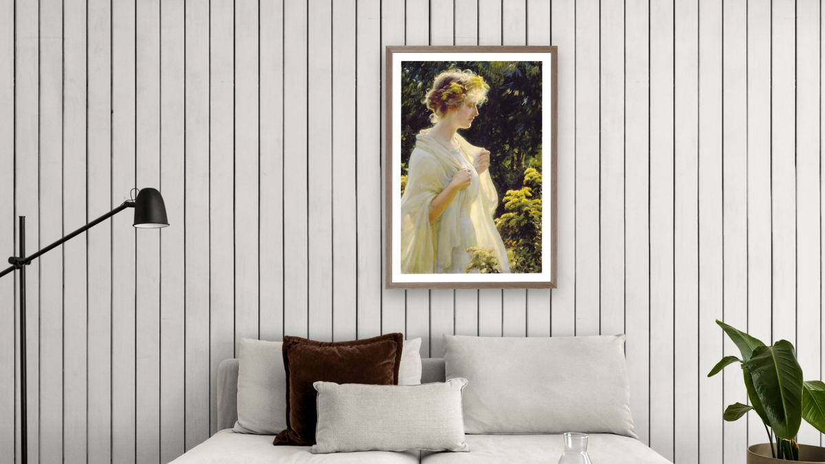 The Golden Profile by Charles Courtney Curran, shown at 28 × 42 in (71.1 × 106.7 cm) in Arber Light Walnut, living