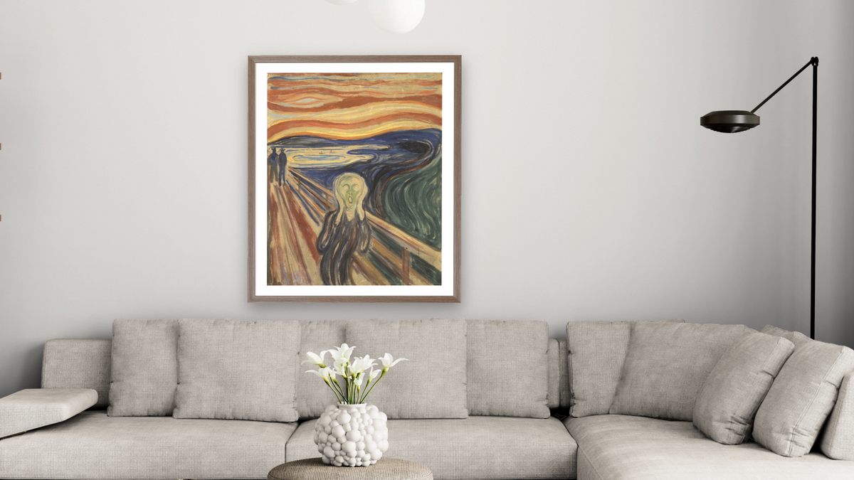 The Scream by Edvard Munch, shown at 32 × 40 in (81.3 × 101.6 cm) in Arber Light Walnut, living