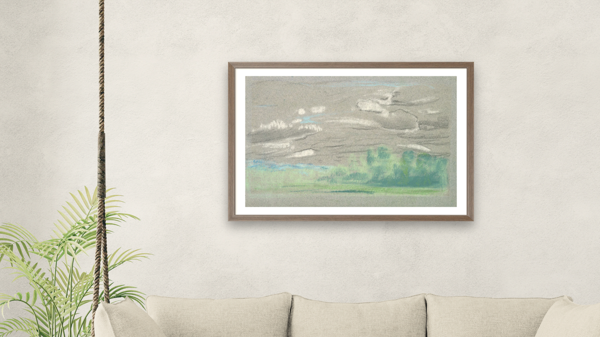 Pastel from A.B. Davies book, edition #32/50 by Arthur Bowen Davies, shown at 28 × 42 in (71.1 × 106.7 cm) in Arber Light Walnut, living