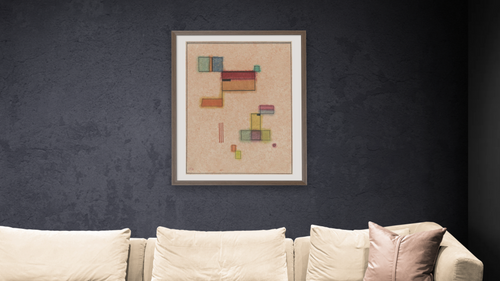 Abstract Construction, from Will Grohmann's book "Kandinsky" by Wassily Kandinsky, shown at 30 × 40 in (76.2 × 101.6 cm) in Arber Light Walnut, living [arteriel-render:v6:room_b:30x40@48,38]