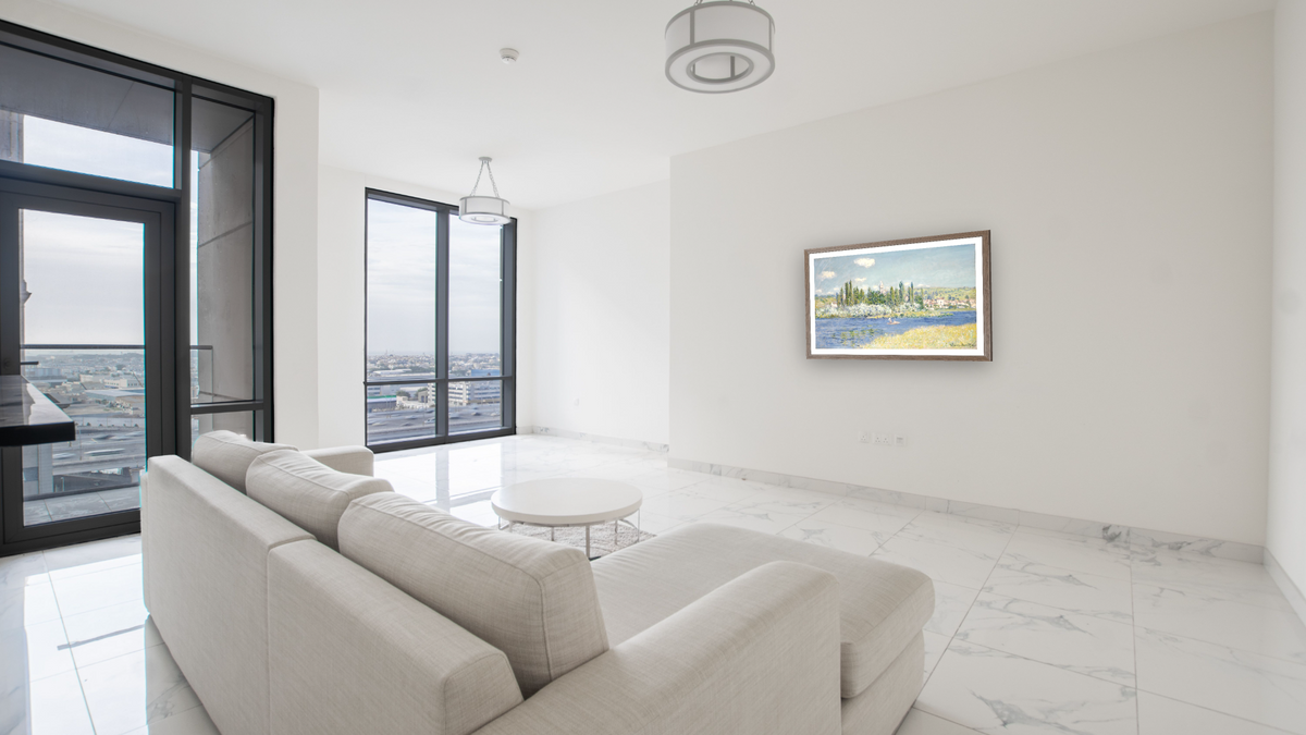 Vetheuil by Claude Monet, shown at 25 × 42 in (63.5 × 106.7 cm) in Arber Light Walnut, living