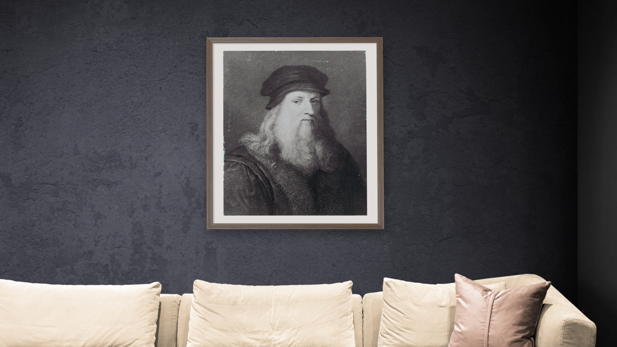 Leonardo da Vinci, engraved by Raphael Morghen by Leonardo da Vinci, shown at 32 × 40 in (81.3 × 101.6 cm) in Arber Light Walnut, living