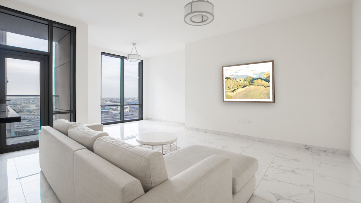Cornwall Light by Dan Hobday, shown at 30 × 42 in (76.2 × 106.7 cm) in Arber Light Walnut, living