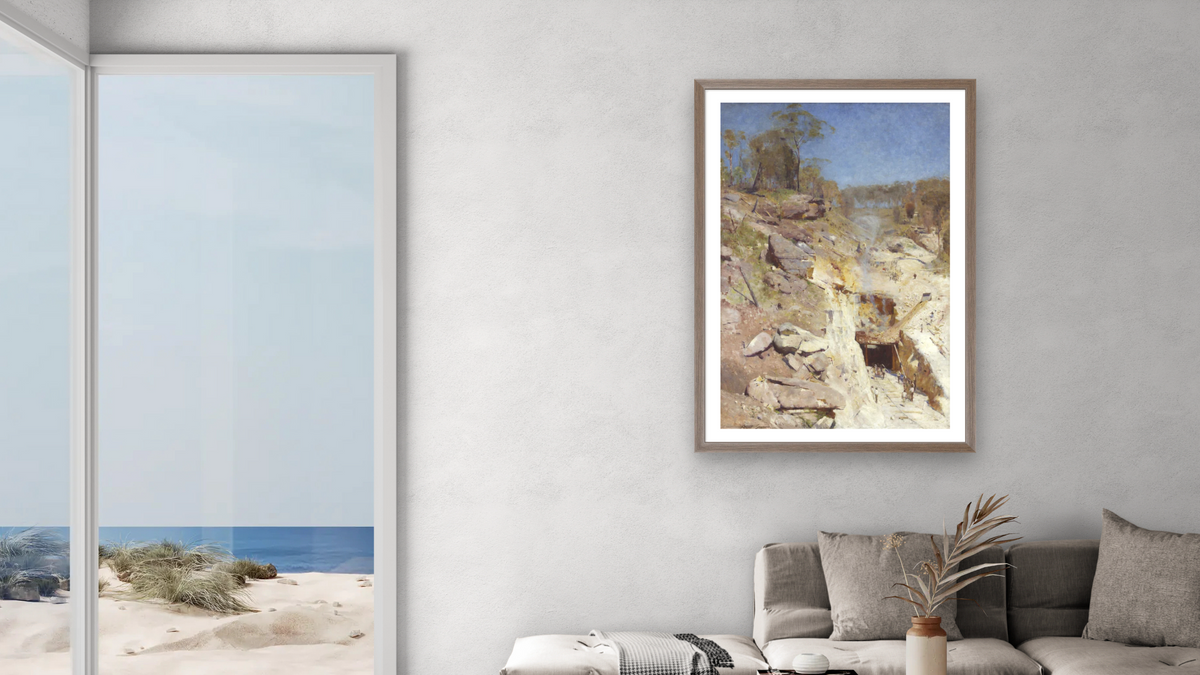 Fire's On by Arthur Streeton, shown at 28 × 42 in (71.1 × 106.7 cm) in Arber Light Walnut, living