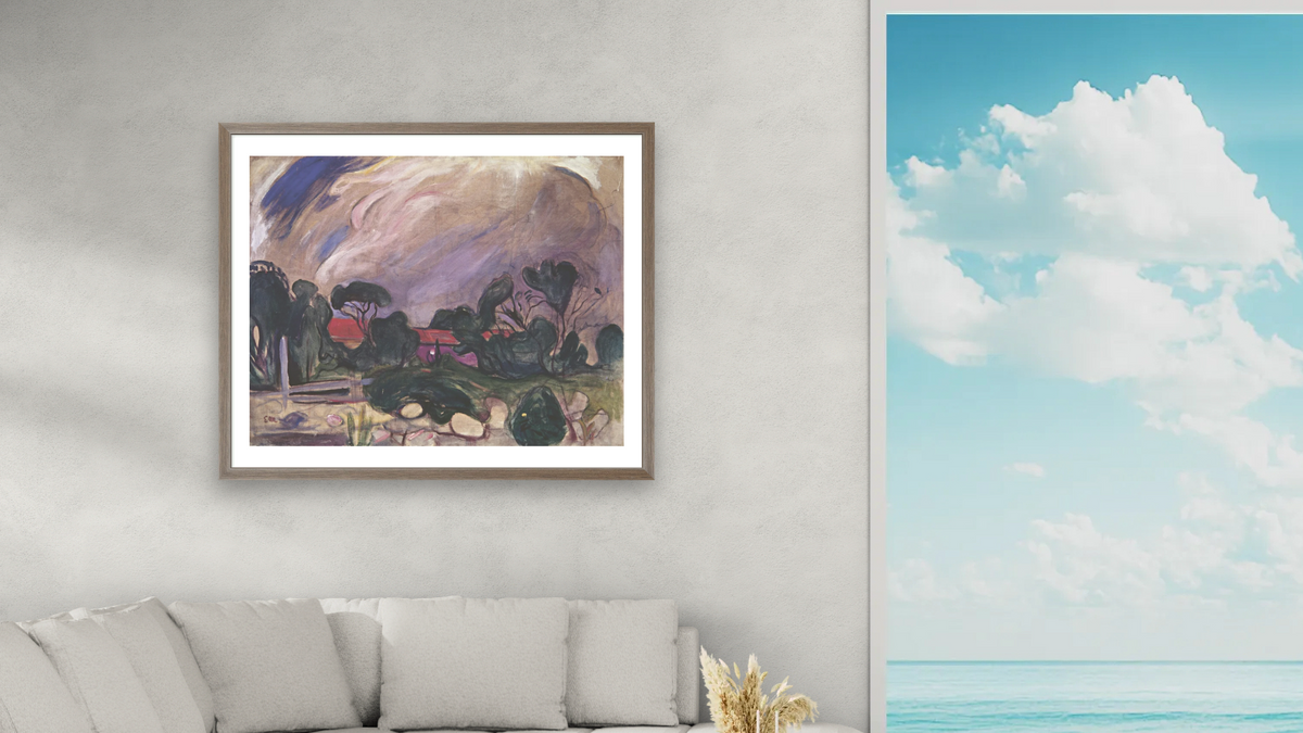 Stormy Landscape by Edvard Munch, shown at 32 × 40 in (81.3 × 101.6 cm) in Arber Light Walnut, living