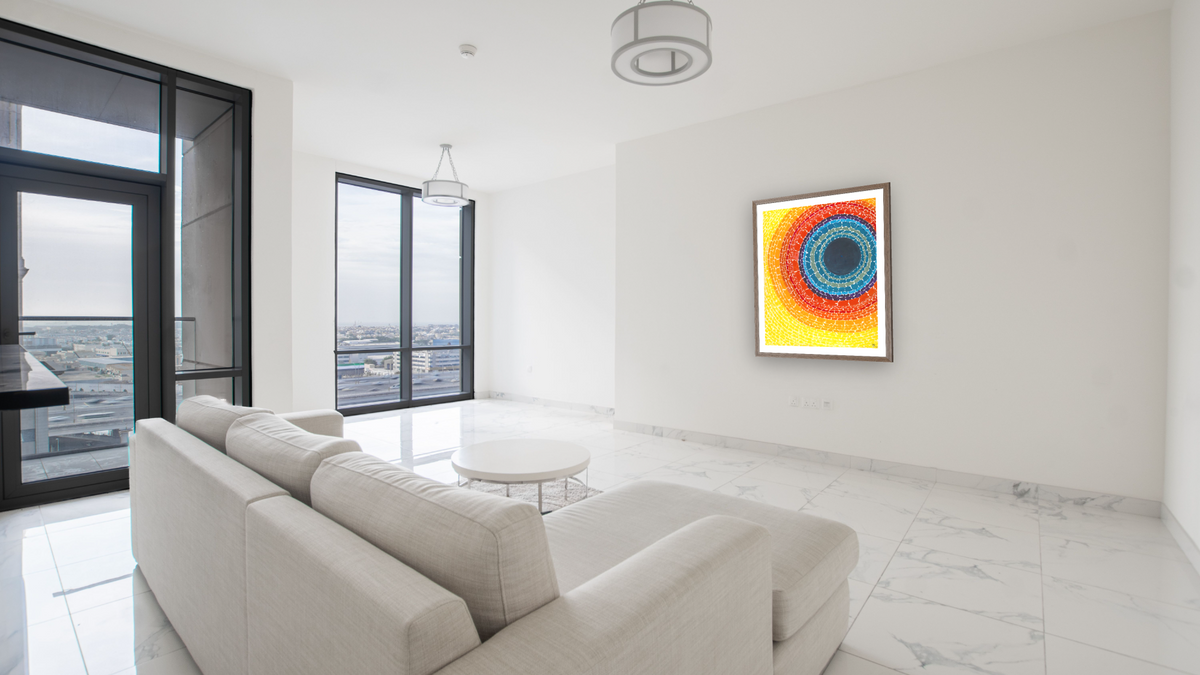 The Eclipse by Alma Thomas, shown at 32 × 40 in (81.3 × 101.6 cm) in Arber Light Walnut, living