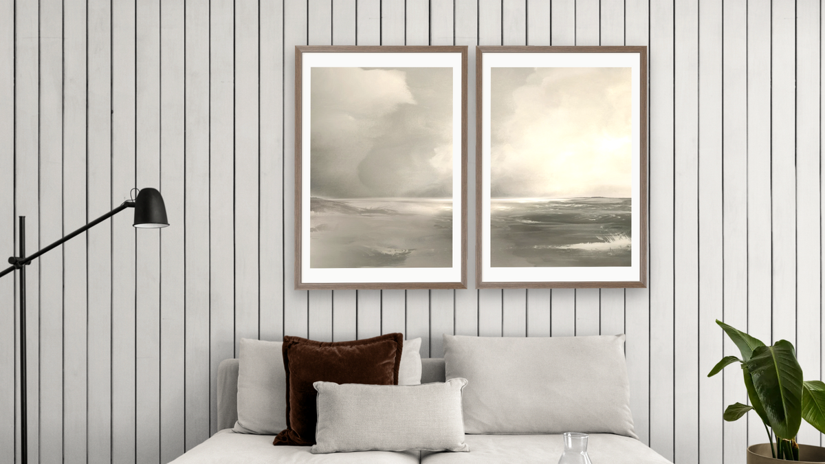 Diptych — After The Storm 1 × After The Storm 2, shown at 28 × 42 in (71.1 × 106.7 cm) in Arber Light Walnut, living