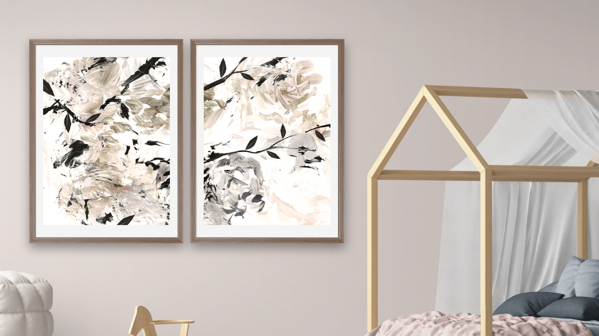 Diptych — Fall Forest 1 × Fall Forest 2, shown at 28 × 42 in (71.1 × 106.7 cm) in Arber Light Walnut, bedroom