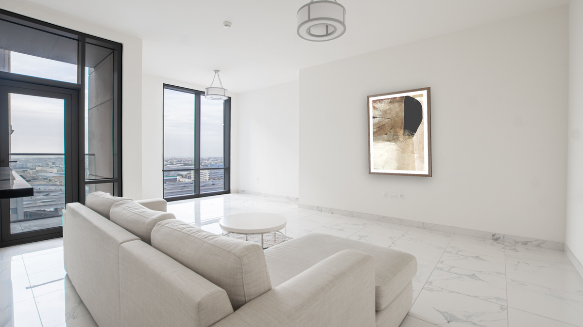 Go Set 3 by Dan Hobday, shown at 30 × 42 in (76.2 × 106.7 cm) in Arber Light Walnut, living