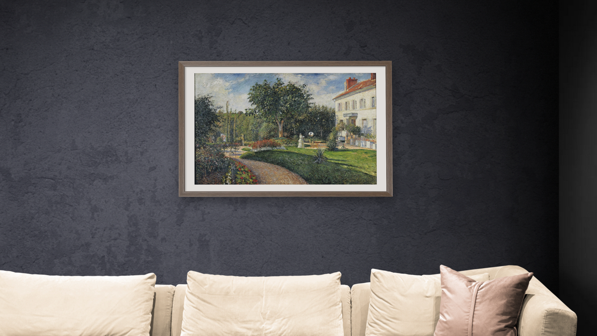 The Garden of Les Mathurins at Pontoise by Camille Pissarro, shown at 28 × 42 in (71.1 × 106.7 cm) in Arber Light Walnut, living