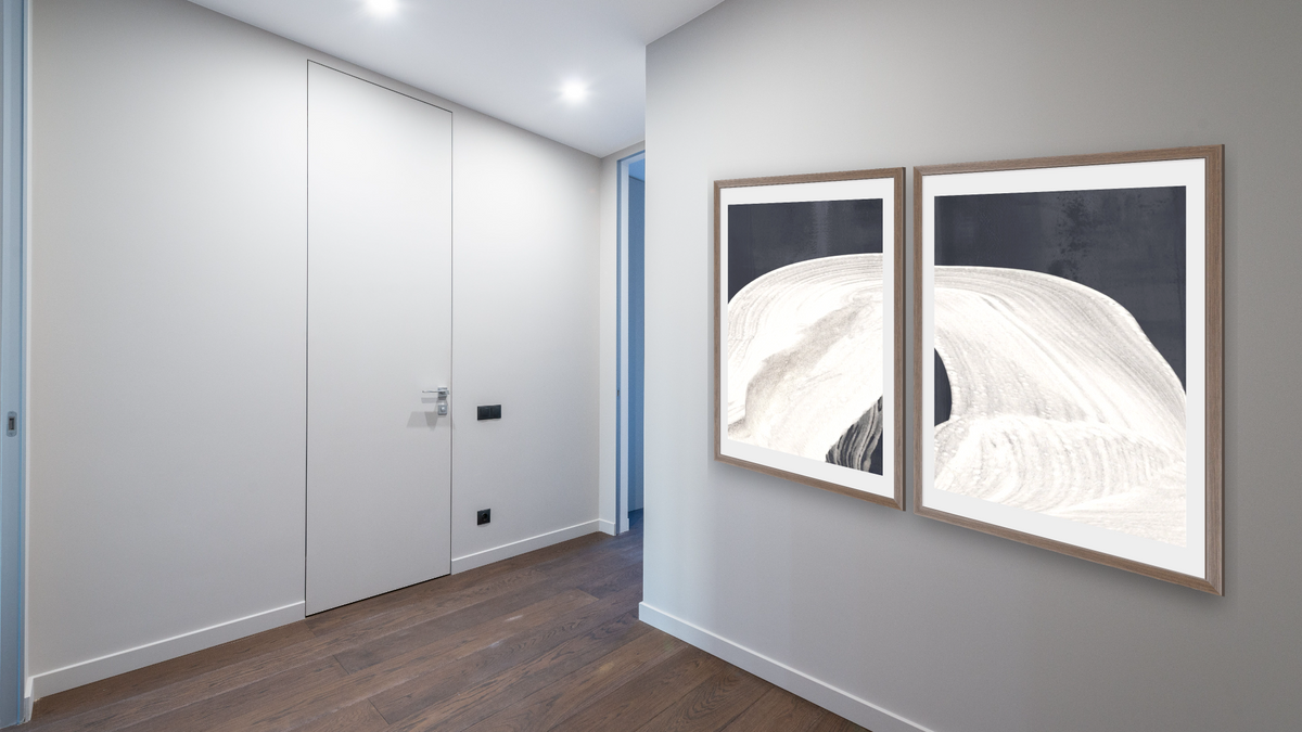 Diptych — Lux 1 × Lux 2, shown at 28 × 42 in (71.1 × 106.7 cm) in Arber Light Walnut, hallway