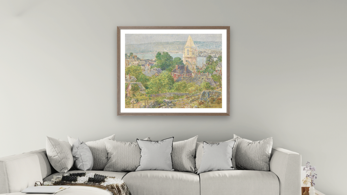 Gloucester by Childe Hassam, shown at 32 × 40 in (81.3 × 101.6 cm) in Arber Light Walnut, living