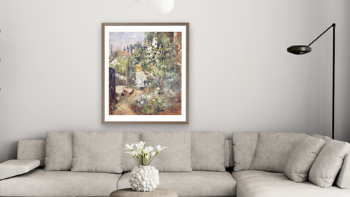 A Child In the Rosebeds by Berthe Morisot, shown at 32 × 40 in (81.3 × 101.6 cm) in Arber Light Walnut, living [arteriel-render:v6:room_b:32x40@42,37]