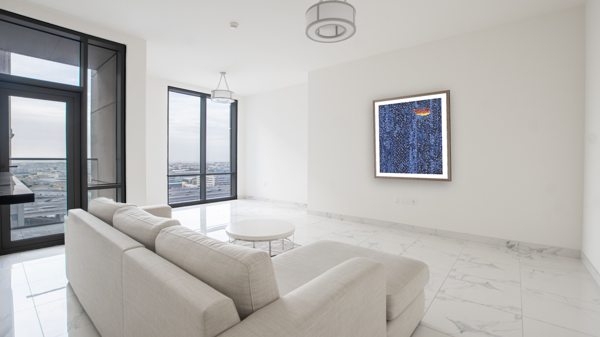 Starry Night and the Astronauts by Alma Thomas, shown at 36 × 40 in (91.4 × 101.6 cm) in Arber Light Walnut, living