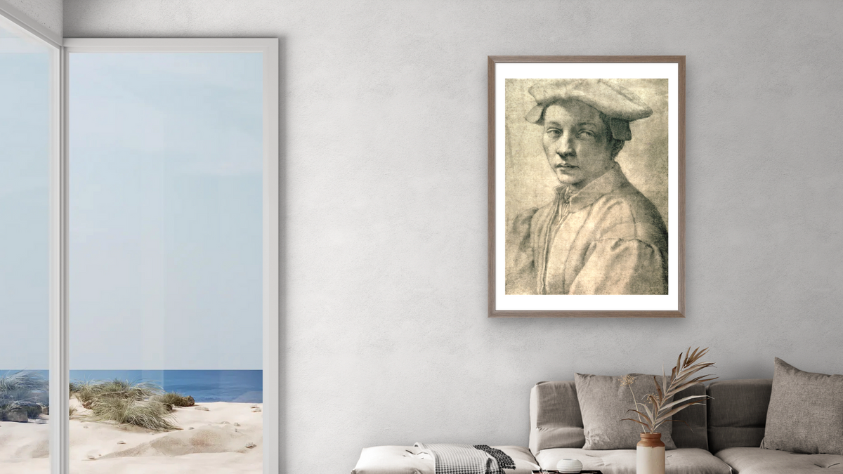 Portrait of Andrea Quaratesi by Michelangelo Buonarroti, shown at 28 × 42 in (71.1 × 106.7 cm) in Arber Light Walnut, living