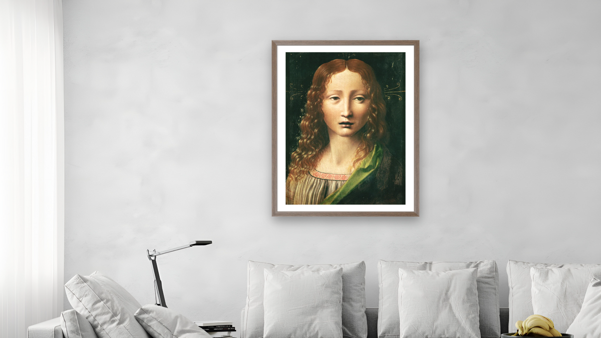 Head of the Saviour (oil on panel) by Leonardo da Vinci, shown at 30 × 40 in (76.2 × 101.6 cm) in Arber Light Walnut, living