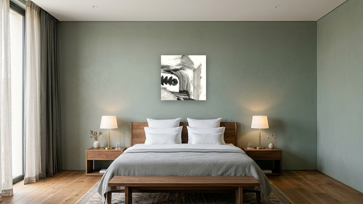 Black White Set 3 by Dan Hobday, shown at 32 × 32 in (81.3 × 81.3 cm) as gallery-wrapped canvas, hotel guest room