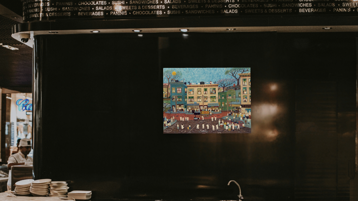 Old Neighborhood by Ralph Fasanella, shown at 30 × 40 in (76.2 × 101.6 cm) as gallery-wrapped canvas, restaurant