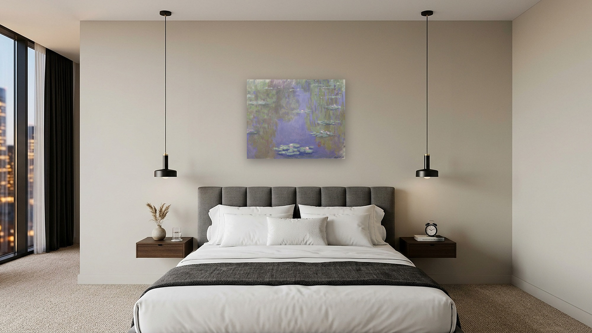Waterlilies by Claude Monet, shown at 32 × 40 in (81.3 × 101.6 cm) as gallery-wrapped canvas, hotel guest room