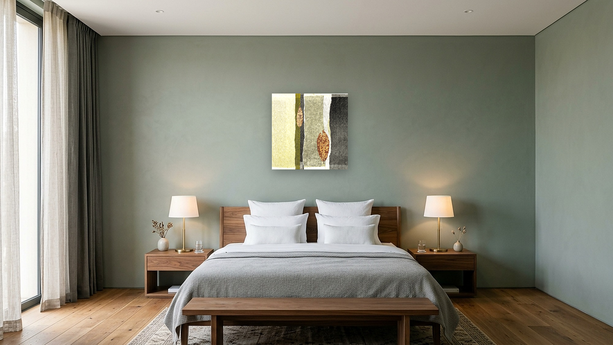 On Course, shown at 32 × 32 in (81.3 × 81.3 cm) as gallery-wrapped canvas, hotel guest room