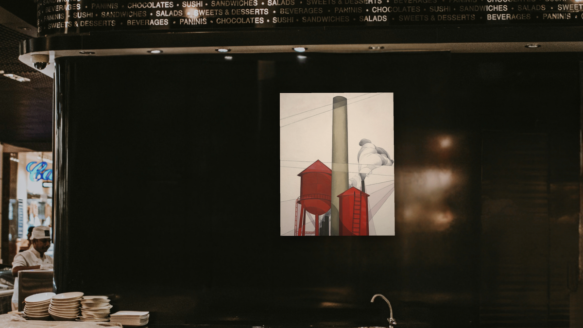 Buildings by Charles Demuth, shown at 32 × 40 in (81.3 × 101.6 cm) as gallery-wrapped canvas, restaurant