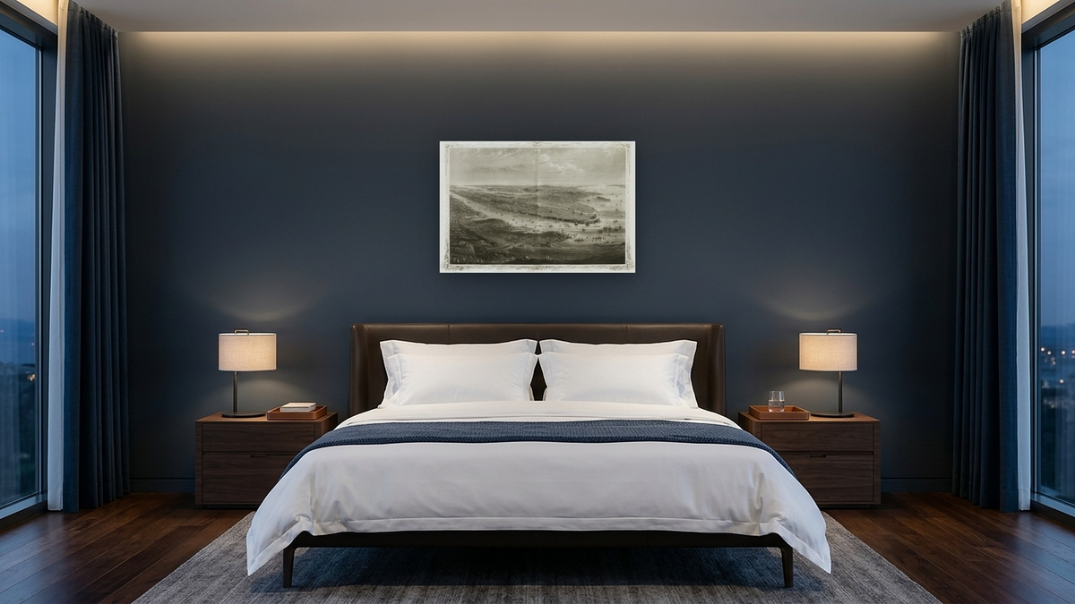 New York and environs, shown at 28 × 42 in (71.1 × 106.7 cm) as gallery-wrapped canvas, hotel guest room