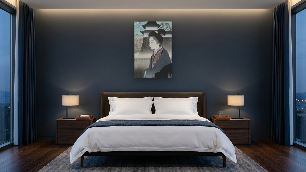 Moonlight at Nijo Castle (Nijo-jo no Tsuki) by Miki Suizan, shown at 28 × 42 in (71.1 × 106.7 cm) as gallery-wrapped canvas, hotel guest room