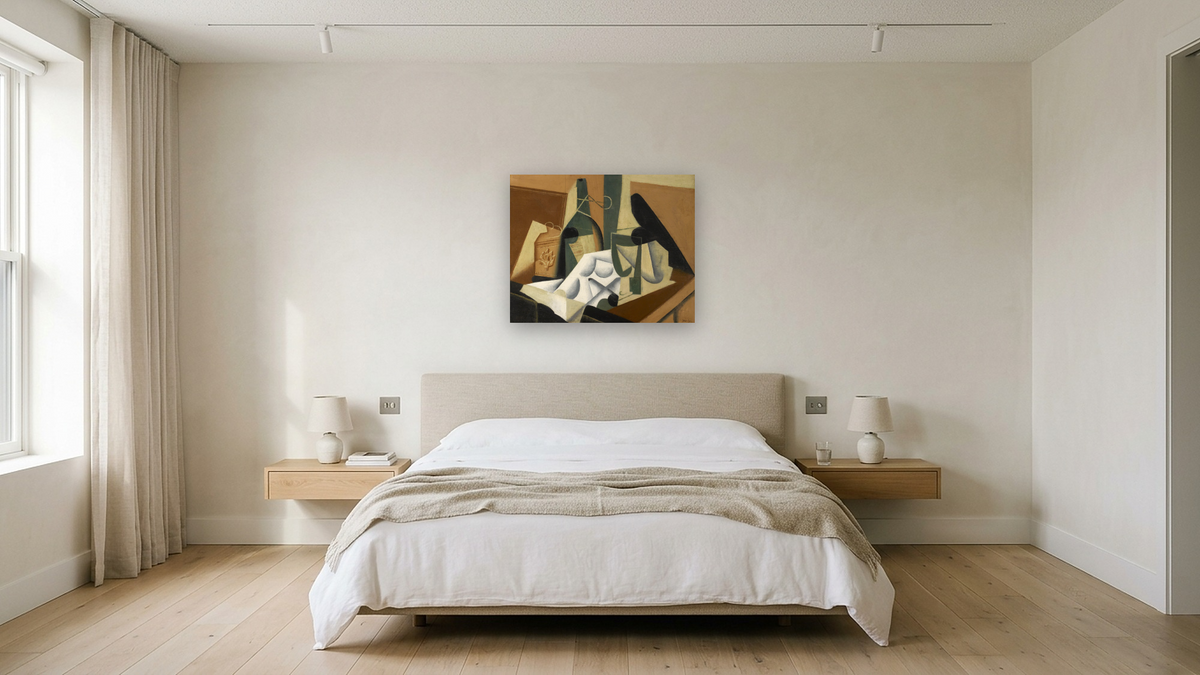 The White Tablecloth by Juan Gris, shown at 32 × 40 in (81.3 × 101.6 cm) as gallery-wrapped canvas, hotel guest room