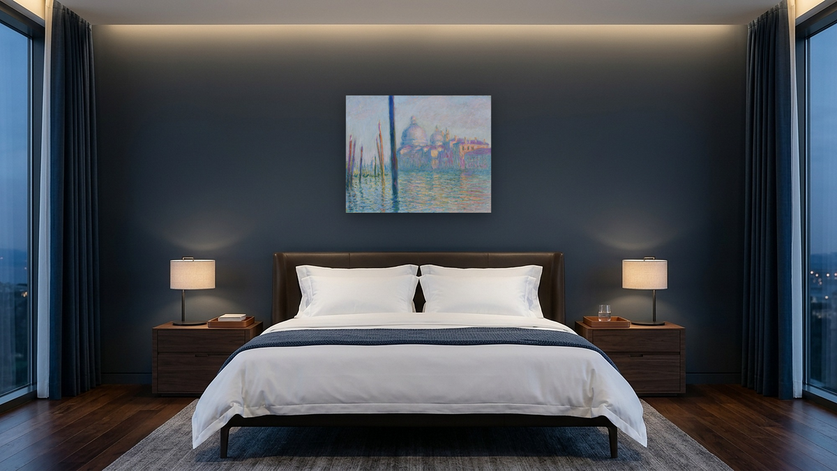 Le Grand Canal, Venice by Claude Monet, shown at 32 × 40 in (81.3 × 101.6 cm) as gallery-wrapped canvas, hotel guest room