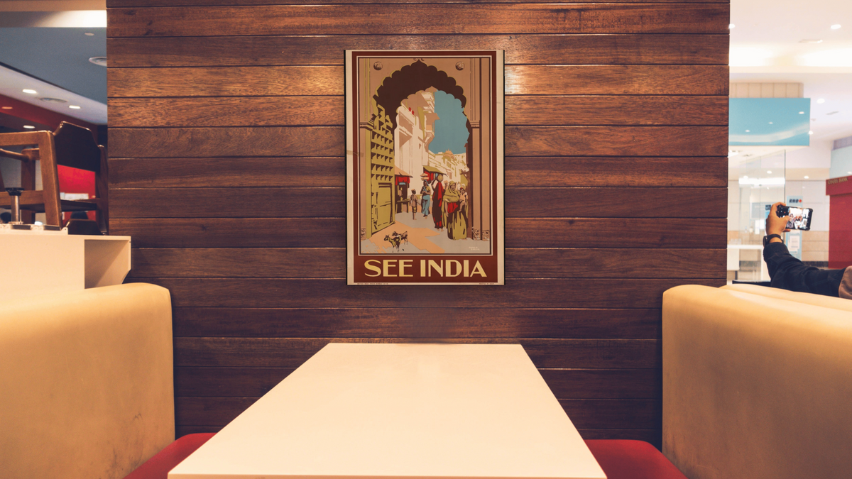 BPL Travel Posters, shown at 28 × 42 in (71.1 × 106.7 cm) as gallery-wrapped canvas, restaurant