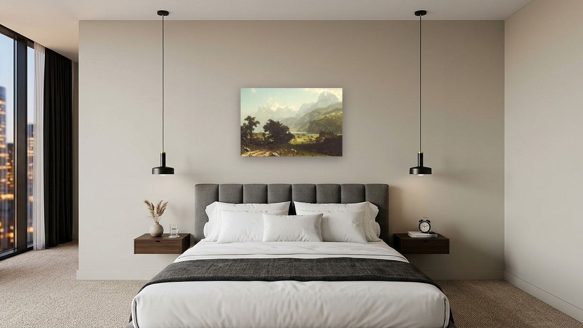 Lake Lucerne by Albert Bierstadt, shown at 28 × 42 in (71.1 × 106.7 cm) as gallery-wrapped canvas, hotel guest room